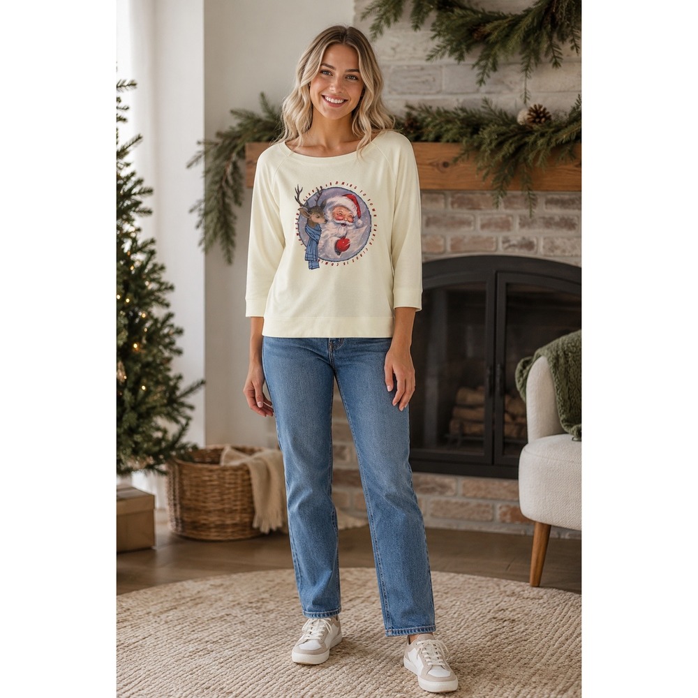 Next Level Santa Claus Reindeer Christmas Sweatshirt Cream Boutique Large NEW